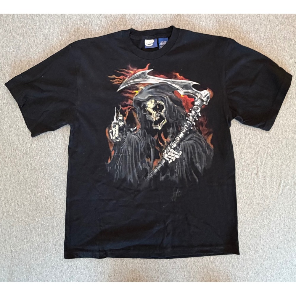 Mens Grim Reaper Scythe Flames Graphic T-Shirt Black Large Cotton Goth Horror